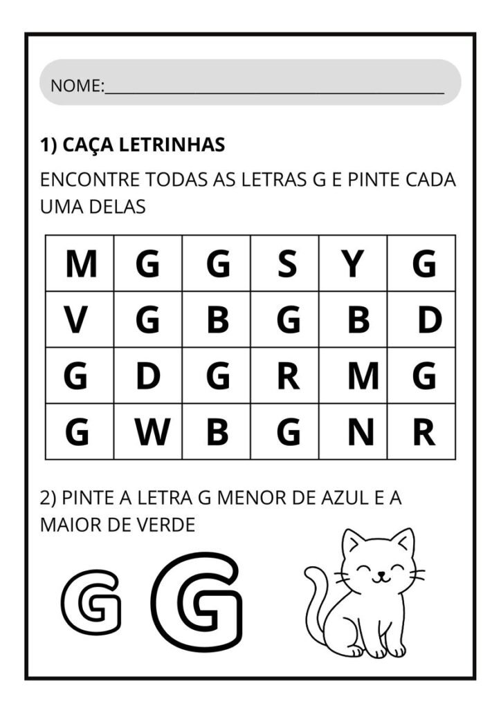 Atividade com a letra G de gato para alfabetização página 1